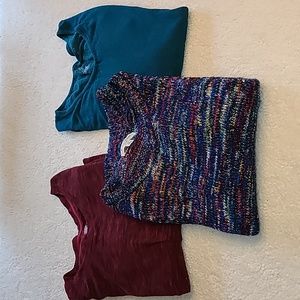 3 comfy sweaters. Burgundy with black, multi-color, green lightweight